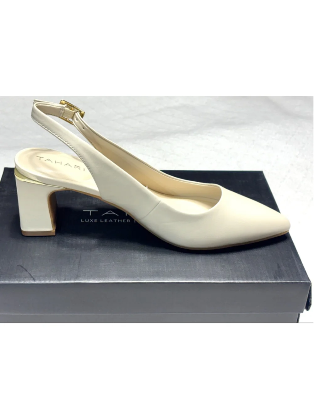 NWT Tahari Luxe Leather Slingback Heels Ivory Cream Block Heel Pumps Size 6.5